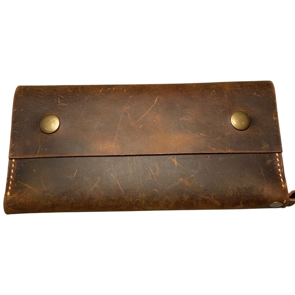 Distressed Genuine Brown Leather Long Wallet Snap Closure Card Holder Zip‎